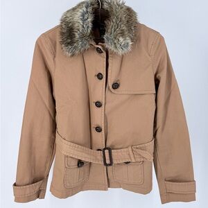 GAP Camel Belted Safari Utility Jacket Faux Fur Collar Coat
